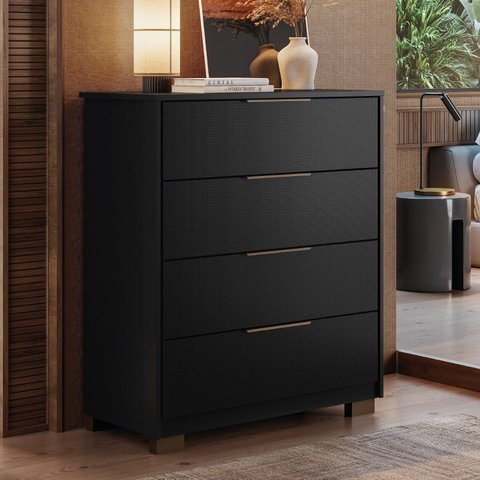 Cômoda para Quarto com 4 Gavetas Alia com Pés Alia Preto/Prime Tx/Amêndola