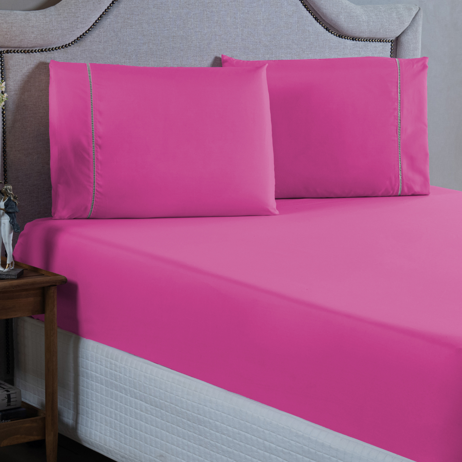 Conjunto Lençol Queen Ponto Palito Micropercal 400 Fios 3 Peças Roupa Cama Box e Padrão:pink - 3