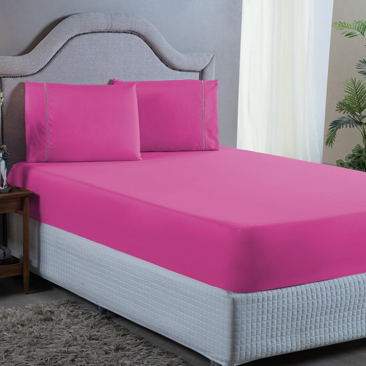 Conjunto Lençol Queen Ponto Palito Micropercal 400 Fios 3 Peças Roupa Cama Box e Padrão:pink - 2