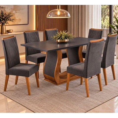 Mesa de Jantar Retangular Vitalic com 6 Cadeiras Madeira Maciça Vegas Yescasa Mel/Cinza Brilho/Graf