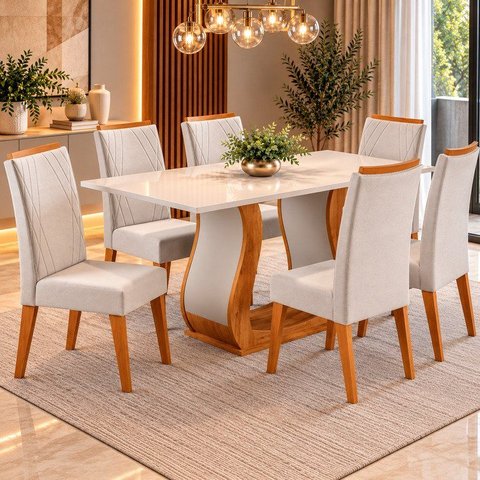 Mesa de Jantar Retangular Vitalic com 6 Cadeiras Madeira Maciça Vegas Yescasa Mel/Blonde/Marfim
