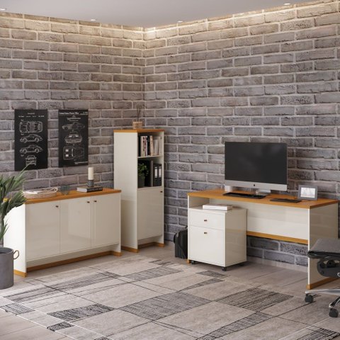 Conjunto Escritório Office 4 Peças Mesa Gaveteiro Armário Buffet Berlin - Vianossa - Off White e