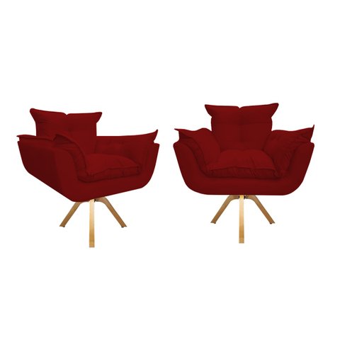 Kit 2 Poltronas Decorativa Opala Base Giratória Suede Vermelho Ms Decor