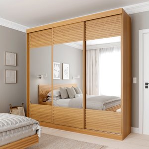 Guarda-roupa Casal 3 Portas de Correr Ripadas com Espelho Samambaia Cabecasa Madeiramadeira