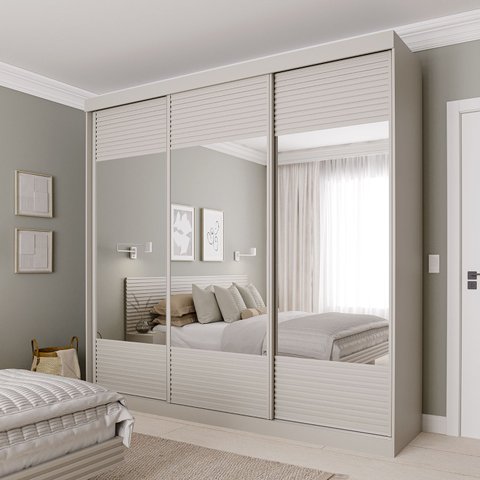 Guarda-Roupa Casal 3 Portas de Correr Ripadas com Espelho Samambaia CabeCasa MadeiraOriginals Off White