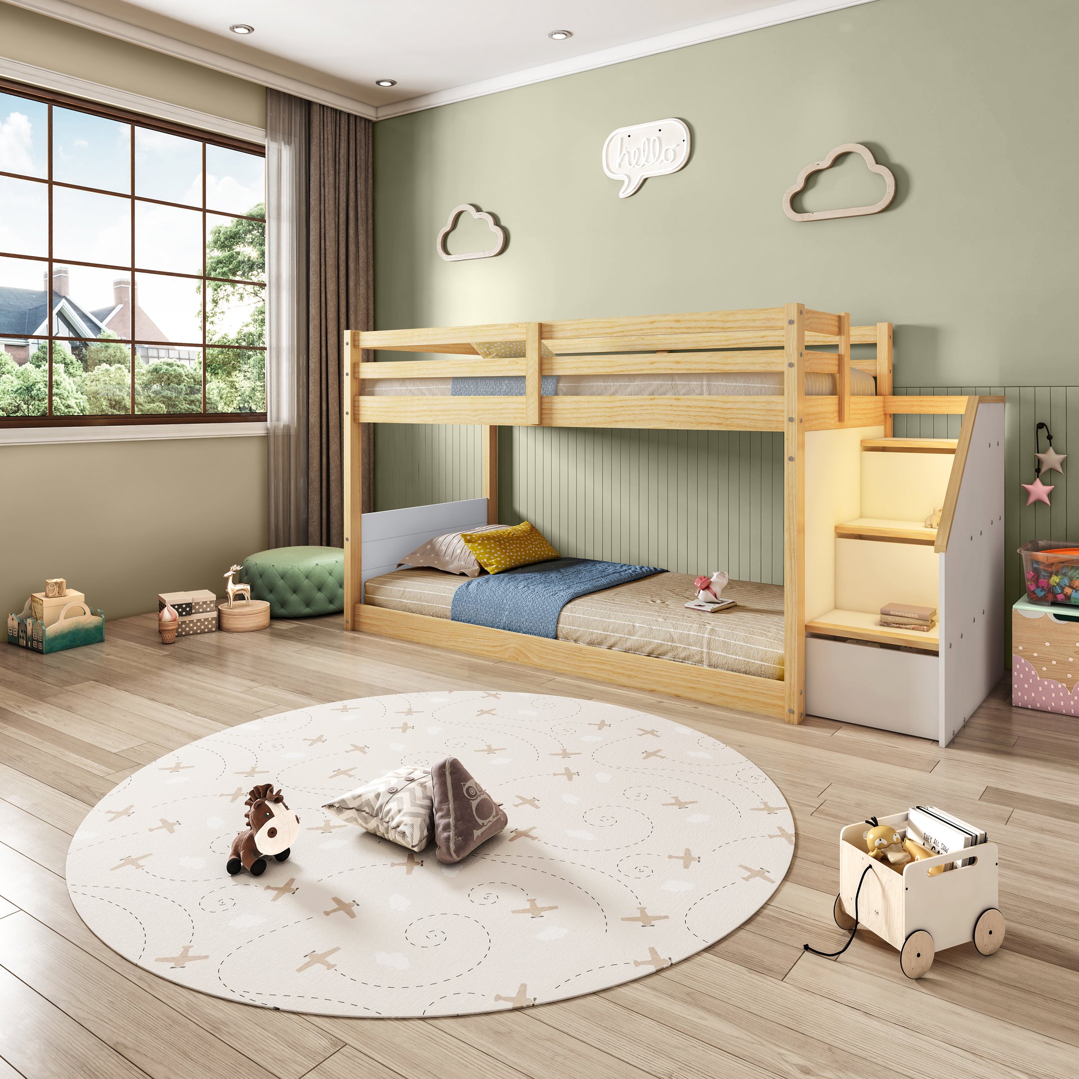 Beliche Infantil Montessoriana com Escada Lateral Garden com LED Casatema com Grade frontal de proteção