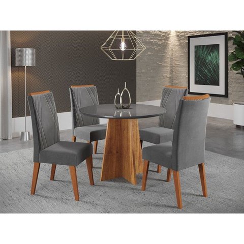 Mesa de Jantar Redonda Riu com 4 Cadeiras Madeira Maciça Vegas Yescasa Cinza/Mel/Grafite