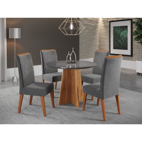 Mesa de Jantar Redonda Riu com 4 Cadeiras Madeira Maciça Vegas Yescasa Cinza/Mel/Grafite