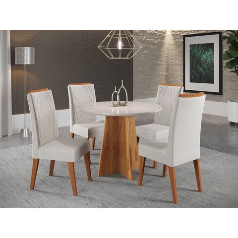 Mesa de Jantar Redonda Riu com 4 Cadeiras Madeira Maciça Vegas Yescasa Bege/Mel/Marfim/Off White