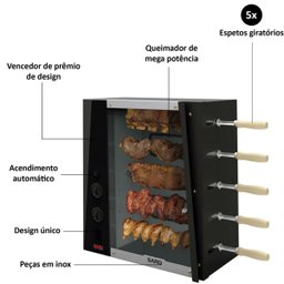 Churrasqueira Rotativa Elétrica 220V Saro de 5 Espetos com Acendedor Automático - 2