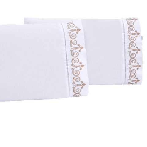 Jogo lençol quarto casal king bordado 3 peças branco caqui