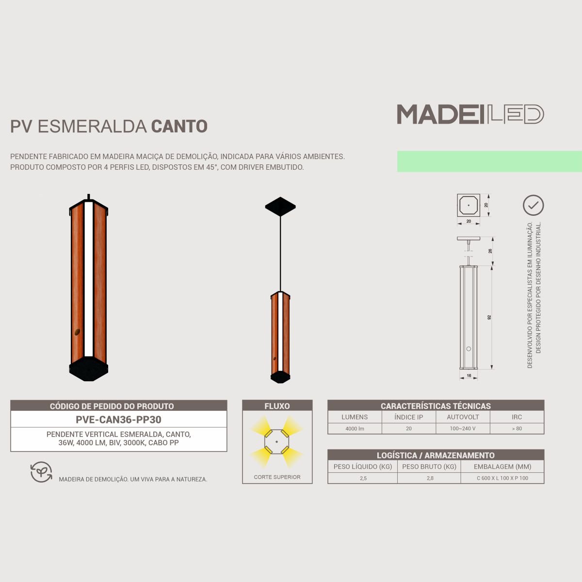 Pendente Canto Madeira Maciça Esmeralda Led 36w 4000lm Bivolt - 6