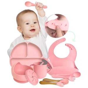Kit Alimentação Bebê Silicone Talher Prato Copo Babador 10 Pçs Rosa