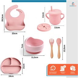 Kit Alimentação Bebê Silicone Talher Prato Copo Babador 10 Pçs Rosa - 2
