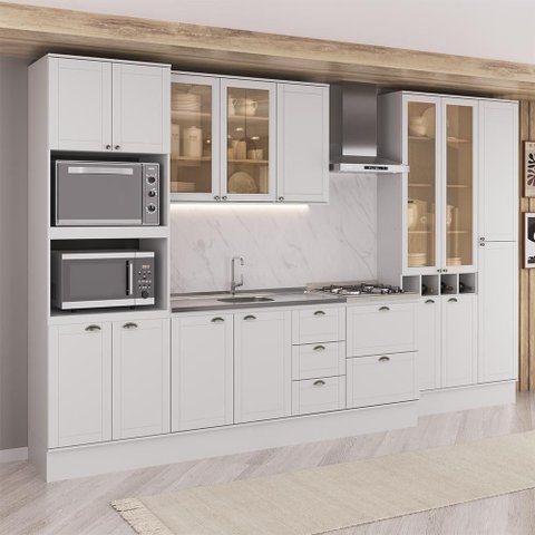 Cozinha Milla Linear 15 Portas 5 Gavetas MDF 360cm Branco Carraro