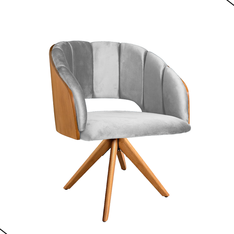 Cadeira Poltrona Sala Jantar Nicole Pés Giratórios Madeira Veludo Cinza Claro