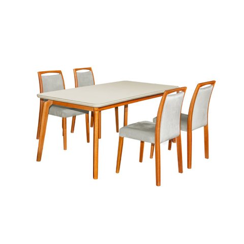 Mesa Jantar Luxo Jade 160x90cm Off White com 4 Cadeiras Estofadas Linho Cinza Base Madeira Maciça Me