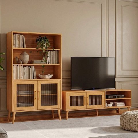 Conjunto Sala de Estar 2 Peças Rack e Estante Multiuso Vidro Canelado