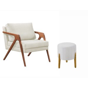 Conj. 1 Mona com 1 Puff Pés de Madeira Maciça Linho Crú