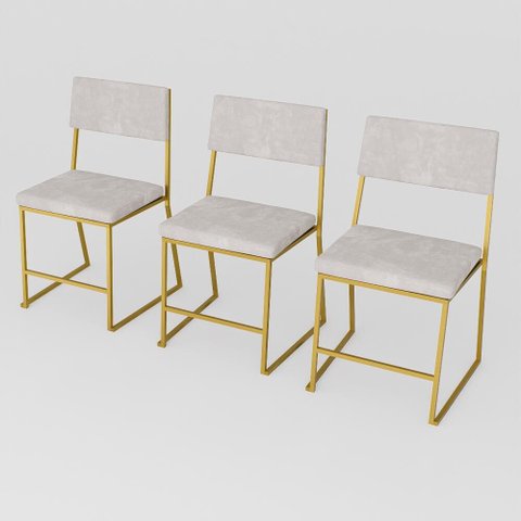 Kit 3 Cadeira Jantar Cozinha Estofada com Encosto Dourado Suede Dubai