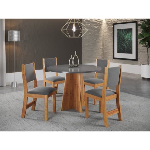 Conjunto Sala de Jantar Mesa Chilli 90cm Tampo Redondo com 4 Cadeiras Sol Cinza/Mel/Brilho/Grafite