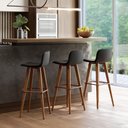Ver imagem 1 de Kit 3 Banquetas Altas Luxo Linea Aço Cobre Linho Preto Base Carvalho