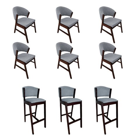 Kit 6 Cadeiras de Jantar Debora com 3 Banquetas Ana Madeira Maciça Castanho Premium Linho Cinza