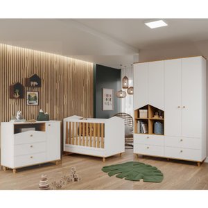 Quarto Bebê Completo Berço Americano 3 em 1 Guarda-roupas 4 Portas Cômoda 1 Porta 100% Mdf