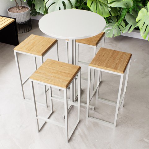 Conjunto Mesa Alta Bar Bistrô Redonda Branca 4 Bancos Pinus Industrial White Don Castro Decor Indust