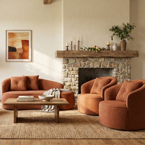 Kit de 01 Sofá Orgânico Curvo Feijão + 02 Poltronas Confortável Sala Estúdio Amore Bouclê Terracota