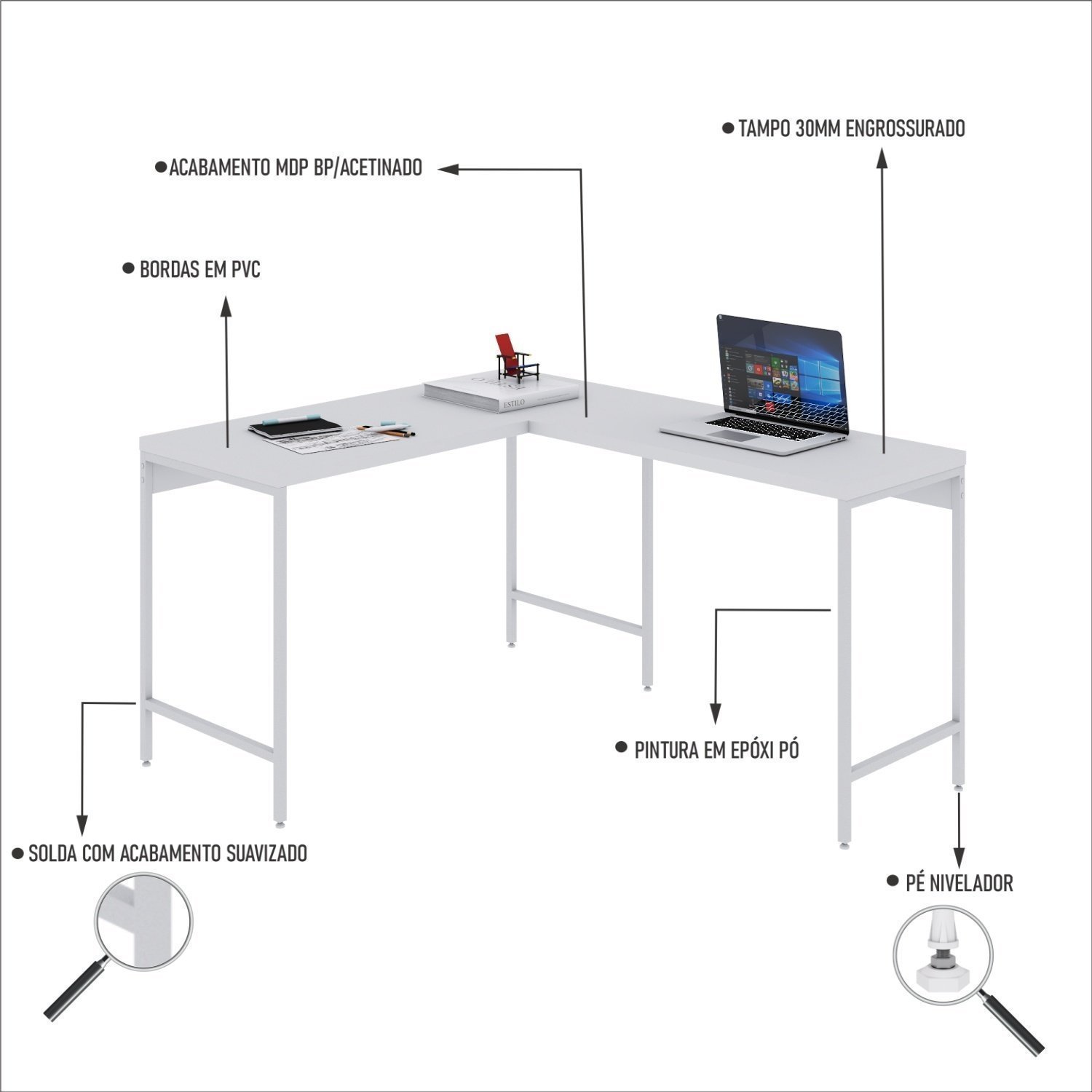 Mesa de Escritório em L Estilo Industrial 120x140cm Active - 5