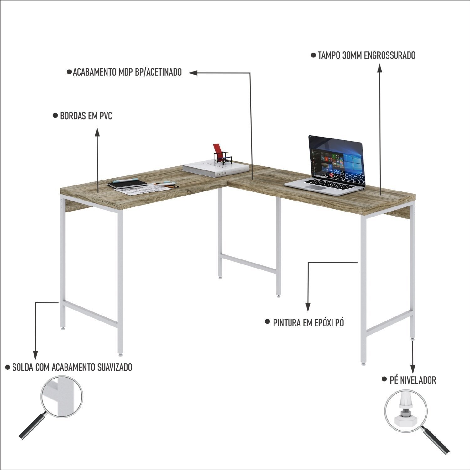 Mesa de Escritório em L Estilo Industrial 120x140cm Active - 5