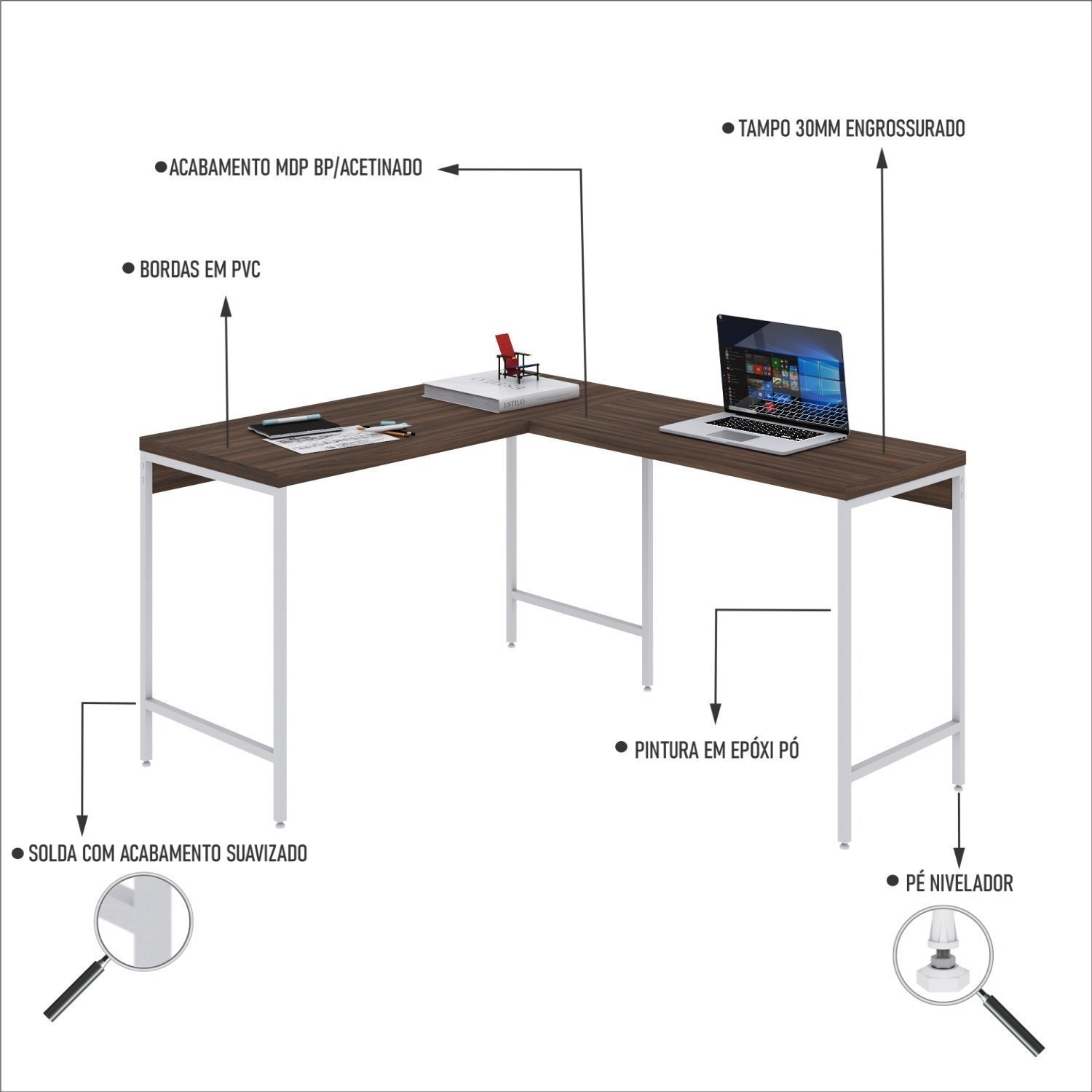 Mesa de Escritório em L Estilo Industrial 120x140cm Active - 5