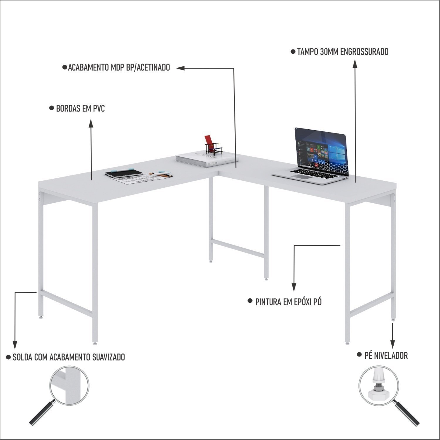 Mesa de Escritório em L Estilo Industrial 135x140cm Active - 5