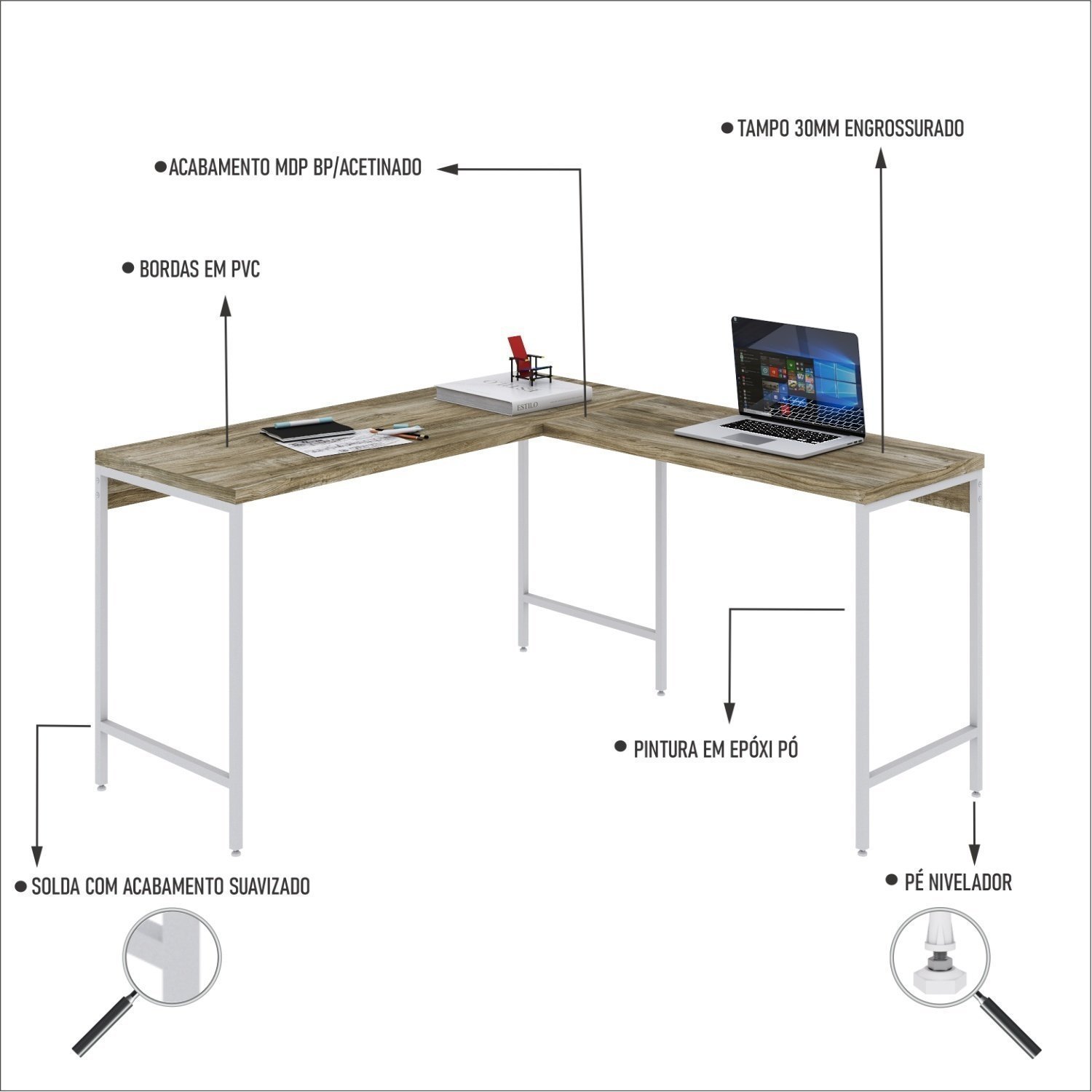 Mesa de Escritório em L Estilo Industrial 135x140cm Active - 5