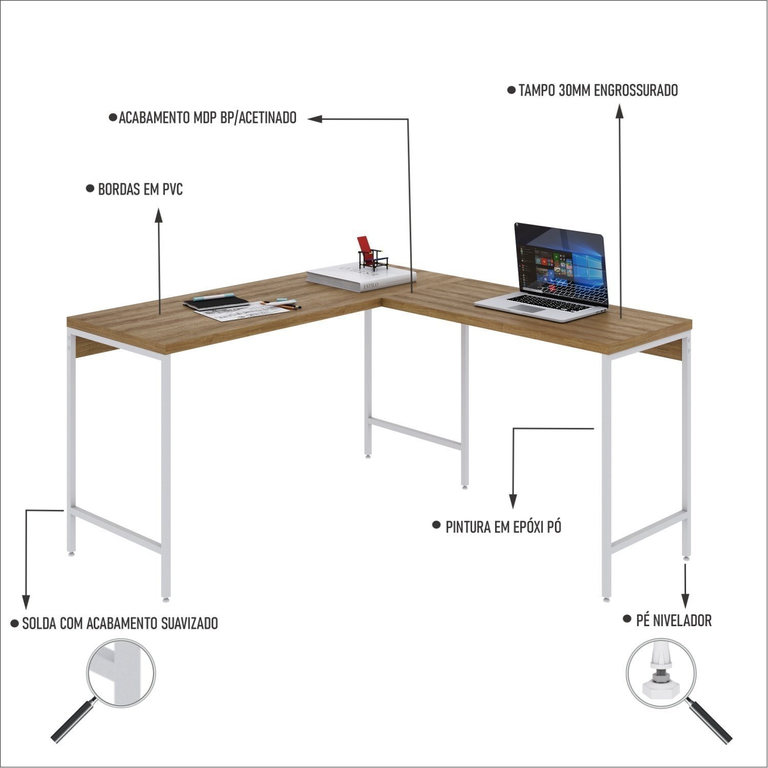 Mesa de Escritório em L Estilo Industrial 135x140cm Active - 5