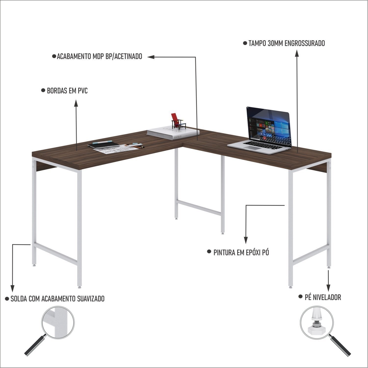 Mesa de Escritório em L Estilo Industrial 135x140cm Active - 5