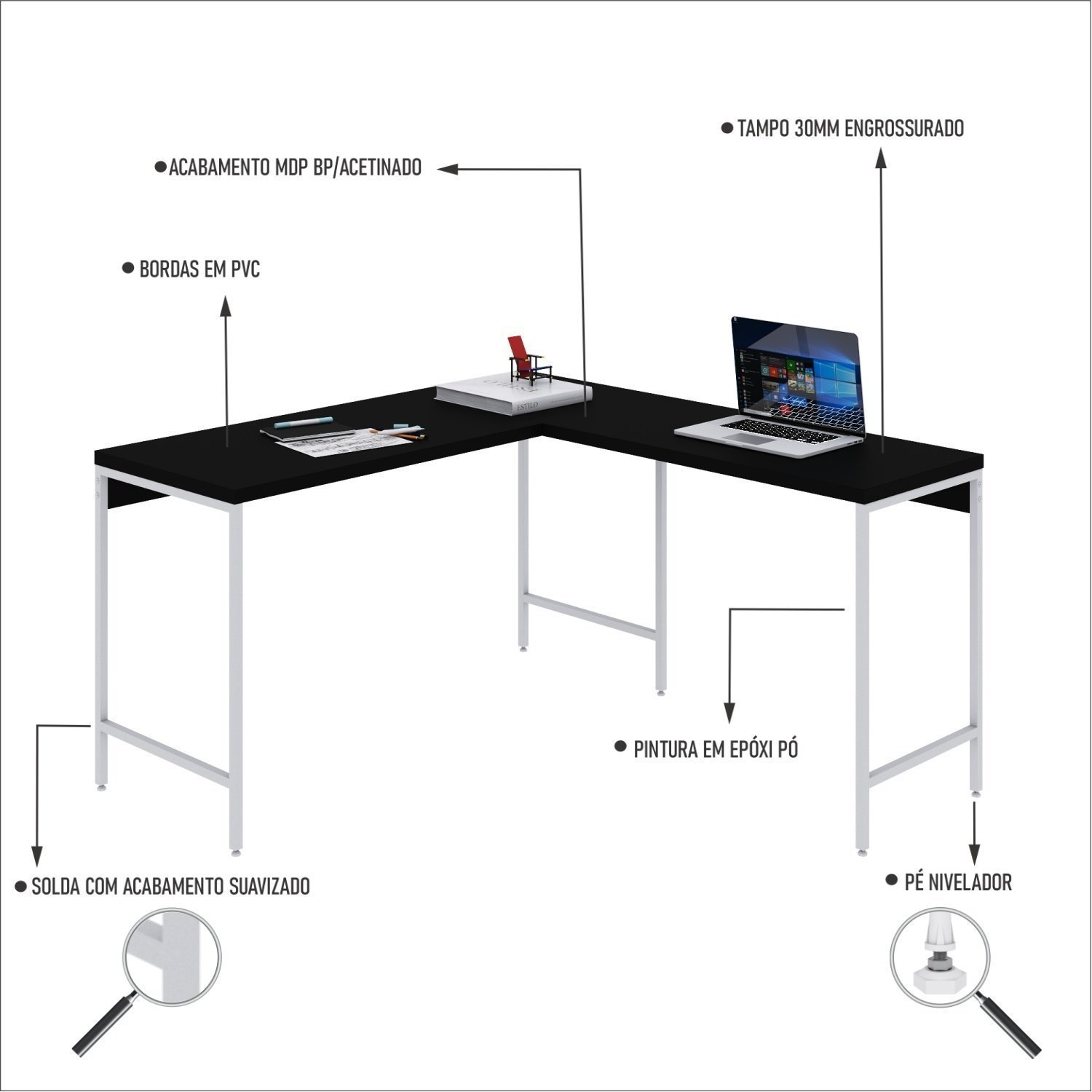 Mesa de Escritório em L Estilo Industrial 135x140cm Active - 5