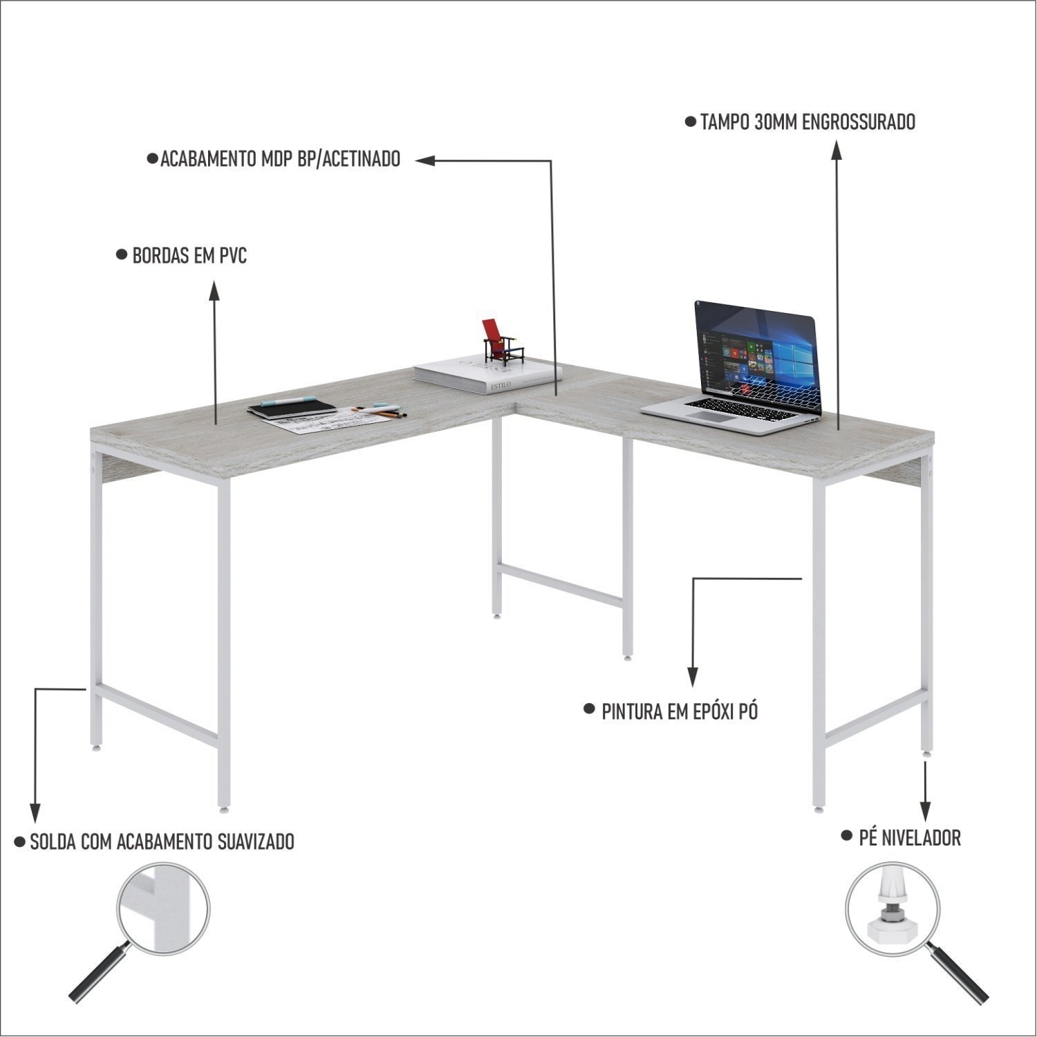 Mesa de Escritório em L Estilo Industrial 135x140cm Active - 5