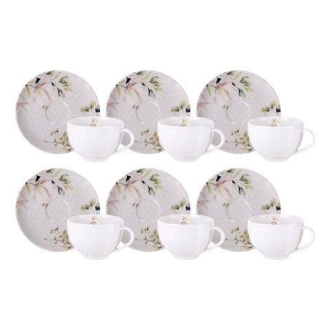 Jogo 6 Xícaras de Chá com Pires 250ml Porcelana Decorada Tramontina Magnólia