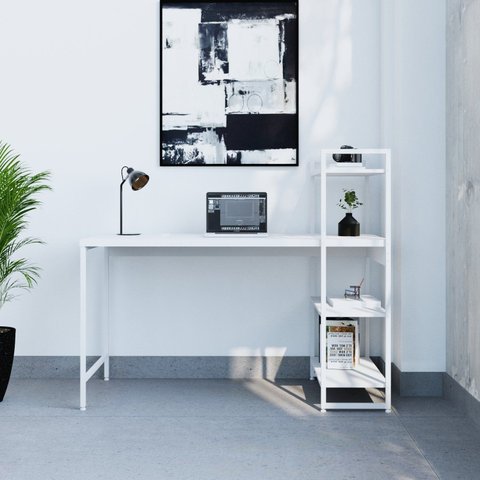 Escrivaninha Mesa Escritório com Estante Estilo Active 3 Prateleiras 135cm Industrial Yescasa Branco
