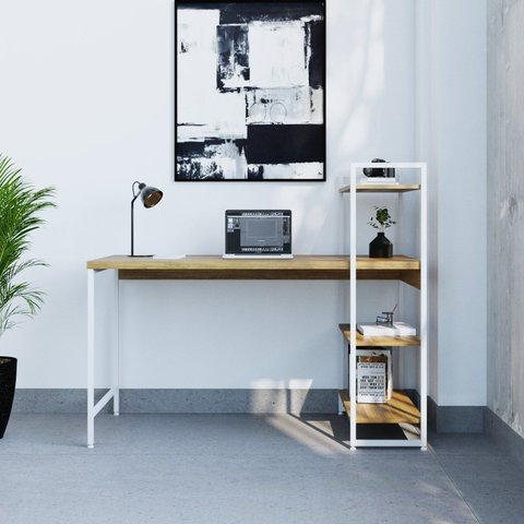 Escrivaninha Mesa Escritório com Estante Estilo Active 3 Prateleiras 135cm Industrial Yescasa Marrom