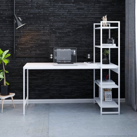 Escrivaninha Mesa Escritório com Estante Estilo Active 4 Prateleiras 150cm Industrial Yescasa Branco