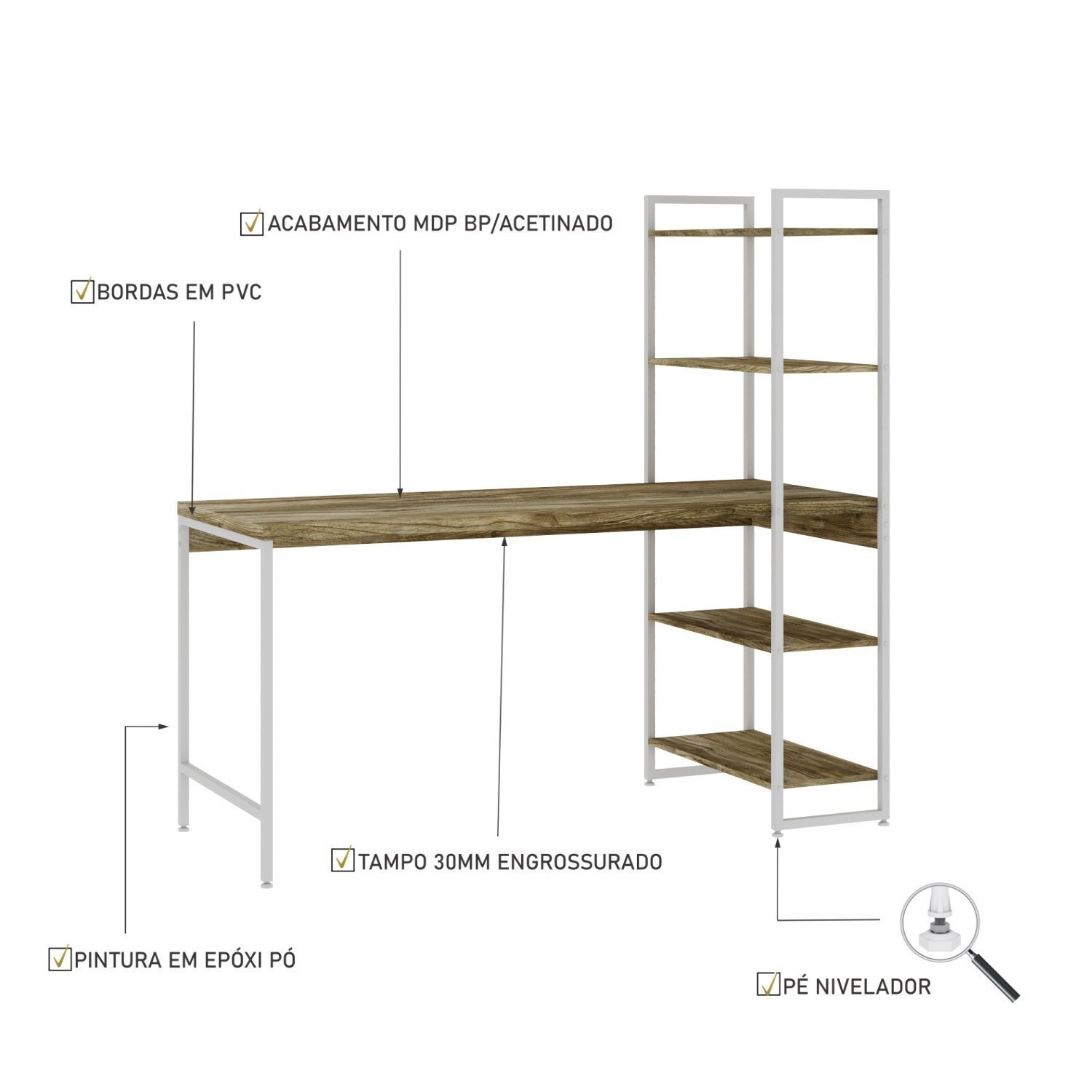 Escrivaninha com Estante 4 Prateleiras Estilo Industrial 150cm Active Yescasa - 5