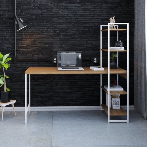 Escrivaninha Mesa Escritório com Estante Estilo Active 4 Prateleiras 150cm Industrial Yescasa Marrom