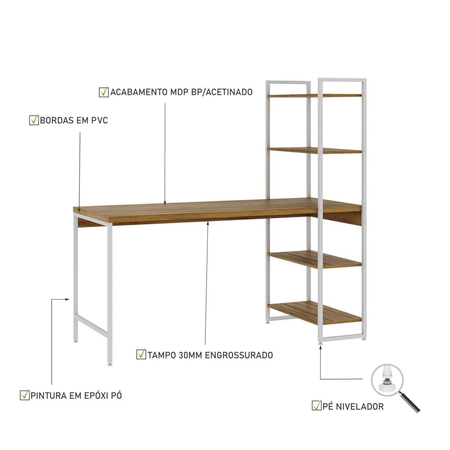 Escrivaninha com Estante 4 Prateleiras Estilo Industrial 150cm Active Yescasa - 5