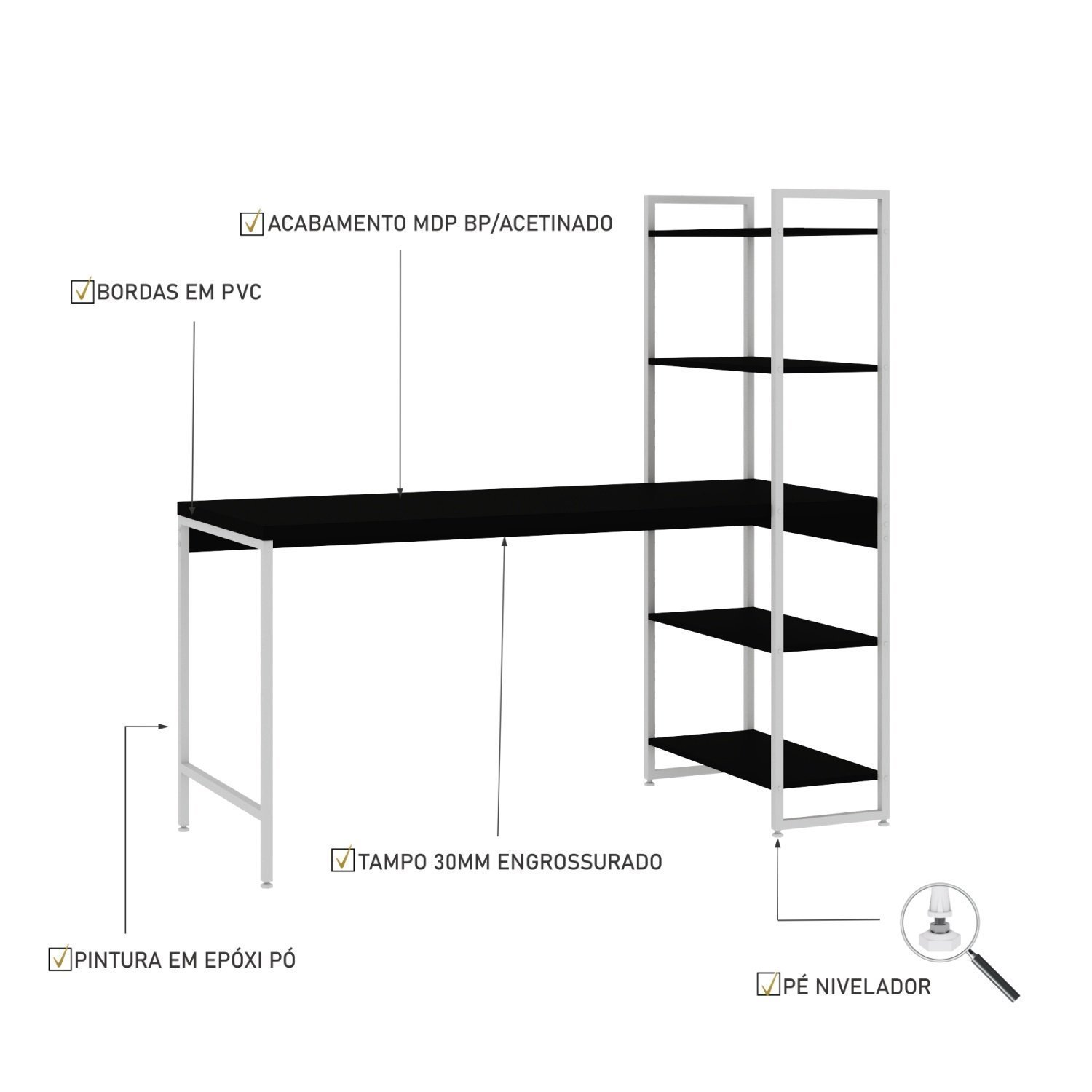 Escrivaninha com Estante 4 Prateleiras Estilo Industrial 150cm Active Yescasa - 5