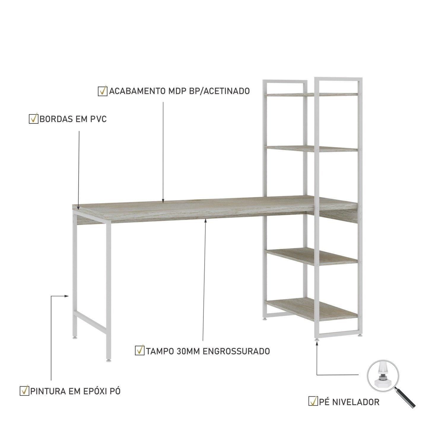 Escrivaninha com Estante 4 Prateleiras Estilo Industrial 150cm Active Yescasa - 5