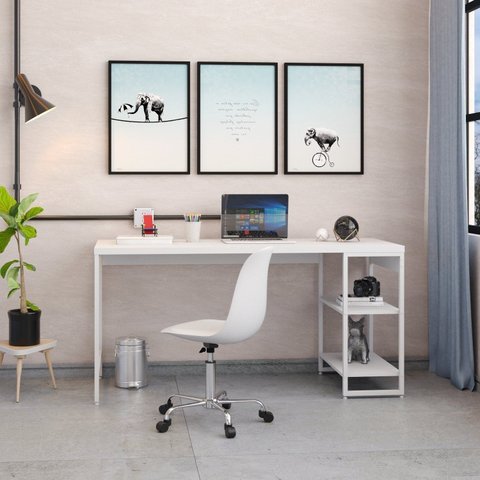 Escrivaninha Mesa Escritório com Estante Baixa Estilo Active 2 Prateleiras 150cm Industrial Yescasa Branco
