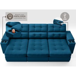 Sofá com Porta Copos e Carregador Usb Eureka 2,30m Assento Retrátil e Reclinável Velosuede Royal - 5